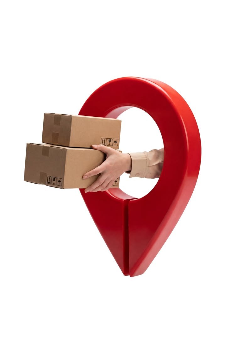 Hand with shipping box with pin location