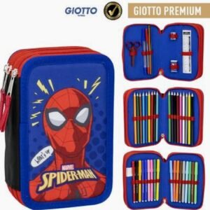 Astuccio con Zip 3 Scomparti Spider Man con Colori Giotto e Accessori
