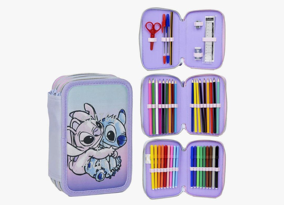 Astuccio con Zip 3 Scomparti Personaggi Vari con Colori Giotto e Accessori per Bambini e Ragazzi